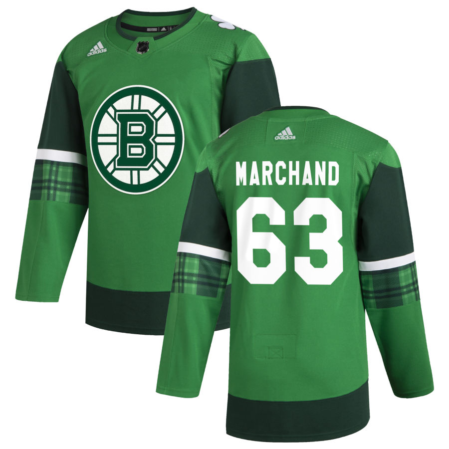 Boston Bruins 63 Brad Marchand Men Adidas 2020 St. Patrick Day Stitched NHL Jersey Green